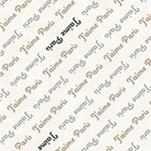 May include: A white background with the phrase "J'aime Paris" repeated in a variety of fonts and sizes. The text is in black, gold, and gray.