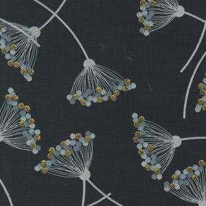 May include: Dark gray fabric with a repeating pattern of stylized white floral elements. Each flower has a cluster of small, round, gold and blue-gray accents. The design is simple and elegant, suitable for various applications.