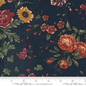 May include: Dark blue floral fabric with a repeating pattern of roses, sunflowers, and other flowers in shades of red, orange, and yellow. Green leaves and vines are interspersed throughout the design. The fabric has a vintage aesthetic.