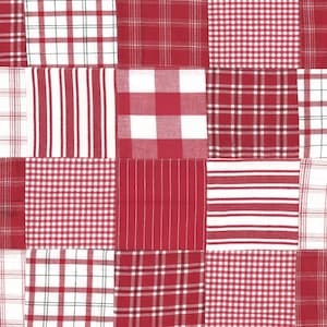 May include: A patchwork quilt with a variety of red and white plaid patterns. The quilt is made of squares of different sizes and patterns, creating a visually interesting and textured design.