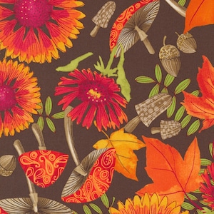 May include: A brown background with a repeating pattern of red, orange, and yellow flowers, mushrooms, and leaves. The flowers have a daisy-like shape with multiple petals. The mushrooms have a brown stem and a red and orange cap with a paisley pattern. The leaves are orange and yellow.