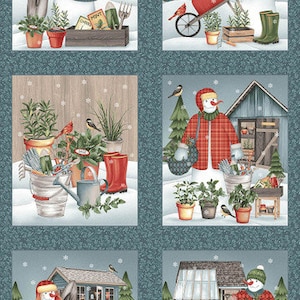 May include: A set of four winter-themed illustrations featuring snowmen with red accents, gardening tools, and potted plants. Each illustration depicts a different scene, including a greenhouse, a shed, and a wintery landscape.