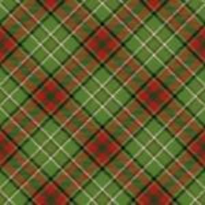 May include: Green and red plaid fabric with a diagonal pattern. The design features a repeating pattern of green, red, white, and black lines, creating a classic tartan look. The fabric is likely used for clothing or home decor.