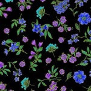 May include: A black background with a repeating pattern of blue, purple, and teal flowers with green stems.