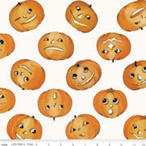 May include: A white background with a repeating pattern of orange pumpkins with different facial expressions. The pumpkins have black eyes, noses, and mouths.