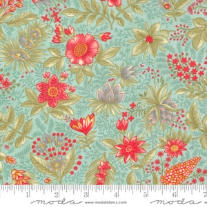 May include: A teal fabric with a floral pattern featuring red, orange, and gray flowers. The fabric has a repeating pattern of flowers and leaves.