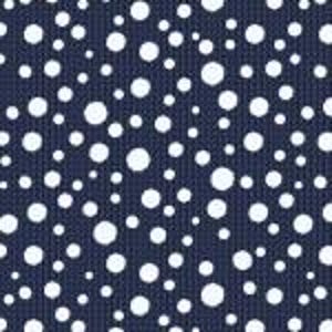 May include: Navy blue fabric with a pattern of white polka dots of varying sizes. The dots are scattered across the surface, creating a playful and visually interesting design. The fabric appears to be a woven material.