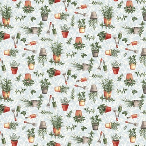 May include: A seamless pattern featuring a variety of potted plants and gardening tools on a light blue background. The plants are drawn in a realistic style and include herbs, flowers, and vegetables. The tools include trowels, forks, and rakes.