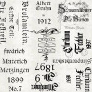 May include: A vintage style image with text in German. The text includes the words "Die Fellzeit", "Erster Teil", "Broſamlein", "Albert Grabnundiburr", "Die Bienen", "1912", "Simprechtshan", "fredrich", "Materich", "Metzingen", "1899", "No.7", "Fechler", "Chrilun", "1897", ".9", "Minklinger".