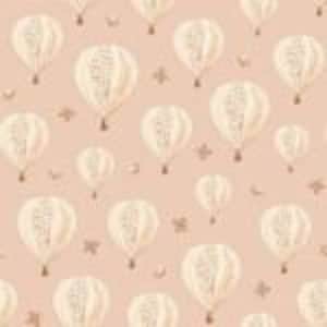 May include: A repeating pattern of cream-colored hot air balloons with intricate designs and small brown butterflies on a light peach background. The balloons are evenly spaced, creating a whimsical and airy feel.