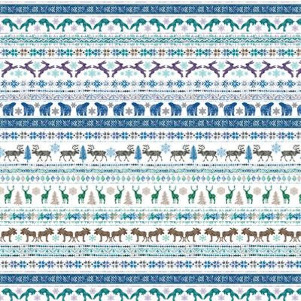 Clothworks Fabrics - SCANDINAVIAN WINTER FAIRISLEANIMALS - Quilt Fabric-by-the-1/2yard    Y3614-55   Multi   Pine Trees Snowflakes Animals