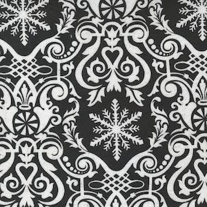 May include: Black and white fabric with a repeating pattern of snowflakes and ornate scrollwork.