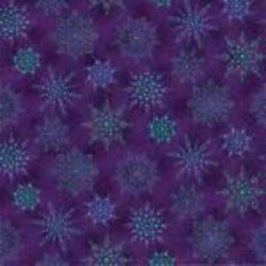 May include: A repeating pattern of blue and teal snowflakes on a dark purple background. The snowflakes vary in size and have a detailed, textured appearance, creating a wintery design. The fabric is likely used for quilting or crafting projects.