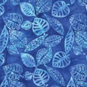 May include: A blue fabric with a white leaf pattern. The leaves are stylized and have a tropical feel.