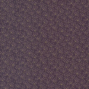May include: A purple fabric with a repeating pattern of small, gold-colored floral sprigs. The sprigs are arranged in a symmetrical, radiating pattern.