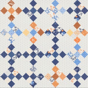 May include: A quilt pattern with a white background and a repeating pattern of blue and orange diamond shapes. The diamonds are filled with various floral and geometric designs.