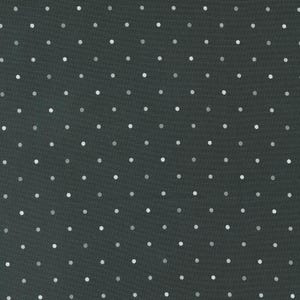 May include: Dark gray fabric with a repeating pattern of small, evenly spaced white and light gray polka dots. The dots are of uniform size and create a classic, textured design. The fabric has a subtle sheen.