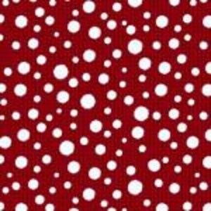 May include: A close-up of a red fabric with a pattern of white polka dots of varying sizes. The dots are scattered across the surface, creating a playful and visually engaging design. The fabric appears to be a woven material.