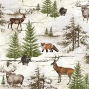 May include: A fabric pattern featuring a winter forest scene with deer, moose, foxes, and raccoons. The design includes evergreen trees and a birch-like background in shades of white, brown, and green.