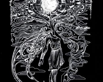 May include: Black and white illustration of a woman reaching for a full moon. The artwork features intricate line work with swirling patterns, clouds, and celestial elements. The woman is wearing a dress and has long flowing hair.