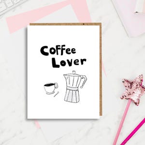 Cartão de felicitações fofo com café, grão de café expresso, aniversário para ele para ela, cartão de felicitações feito à mão para amantes de café