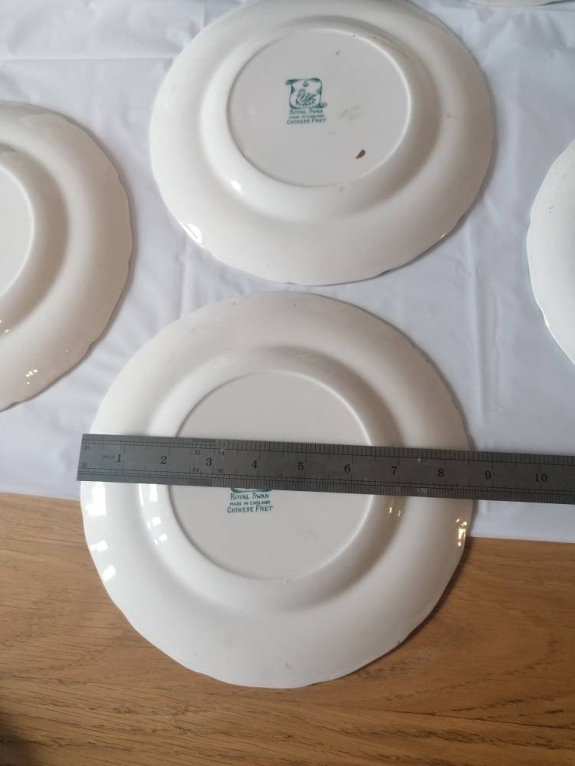 Royal swan Chinese fret dinner plates x6 rare Etsy