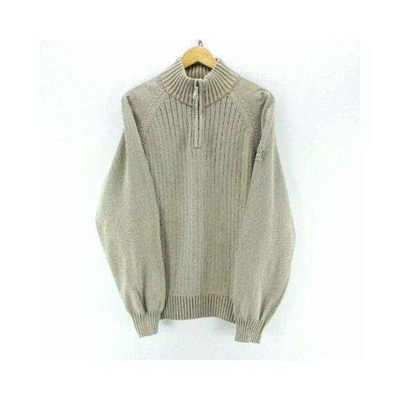 Vintage Timberland Men's Zip Neck Jumper in Beige