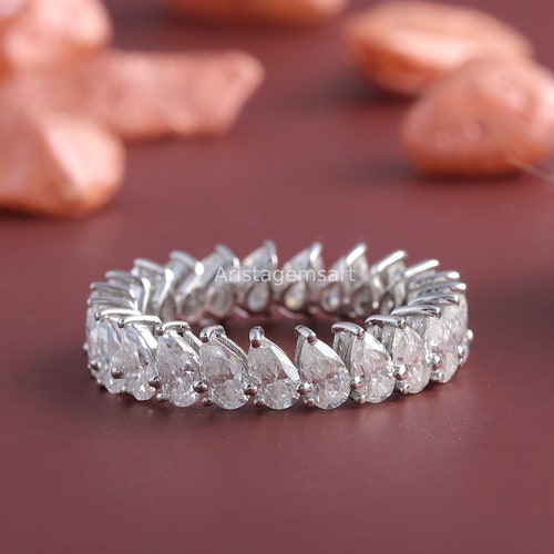 4.00 MM Pear Cut Colorless Moissanite Wedding shops Band, 3 Prong Full Eternity Band, Stackable Band, Bridal Ring Set, Anniversary Gifts for Her