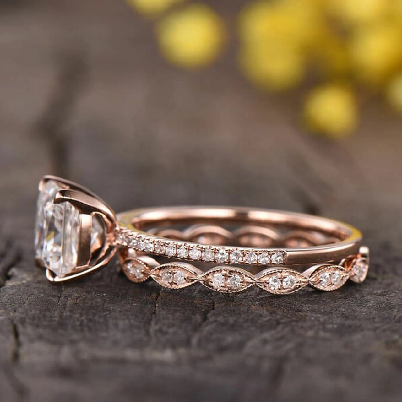 2 CT Princess Cut Moissanite Engagement Ring Set Rose Gold | Etsy