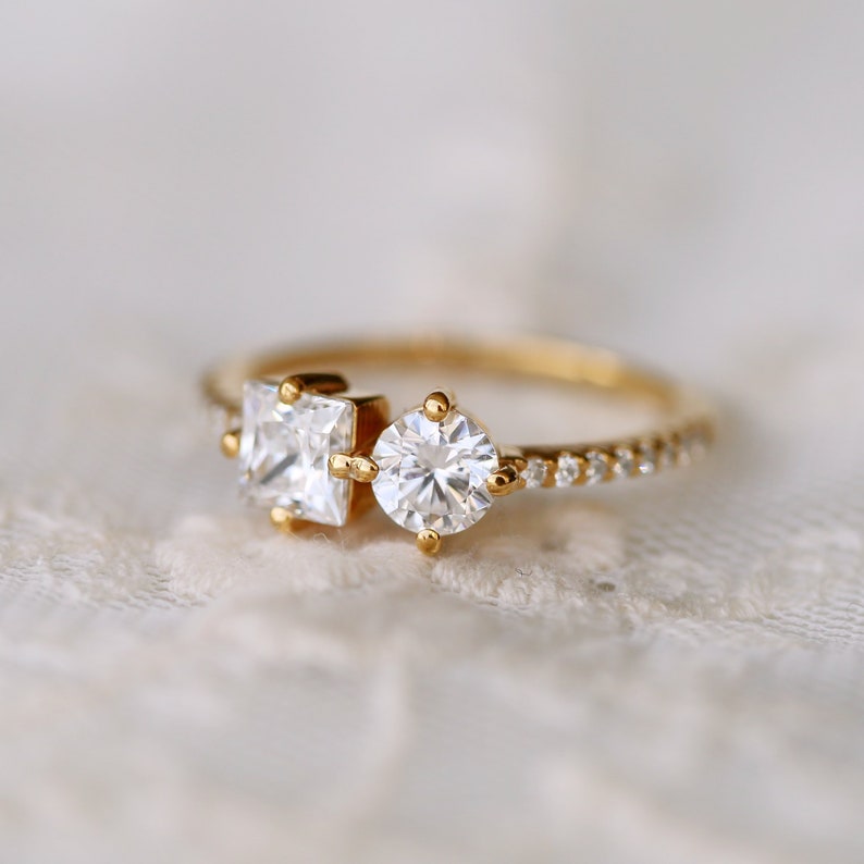 Two Stone Engagement Ring Princess & Round Cut Moissanite - Etsy