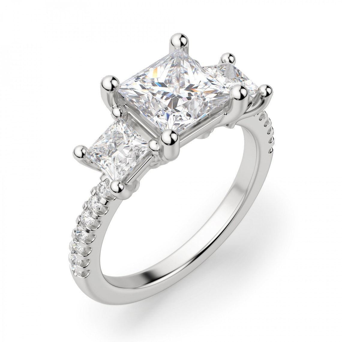Three Stone Engagement Ring Princess Cut Moissanite Engagement | Etsy