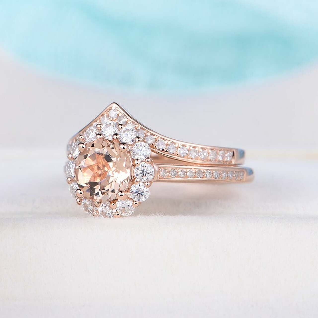 Natural Pink Morganite Wedding Ring Set 14k Sterling Silver | Etsy