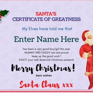 Carta do Papai Noel - Certificado de Grandeza do Papai Noel - Feliz Natal do Papai Noel - filhos únicos ou múltiplos Totalmente personalizável Editável