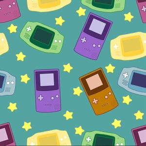 Pode incluir: Um padrão repetitivo num fundo azul-petróleo com várias consolas de videojogos portáteis em tons de roxo, amarelo, verde-claro e azul, intercaladas com pequenas estrelas amarelas de cinco pontas por todo o design.