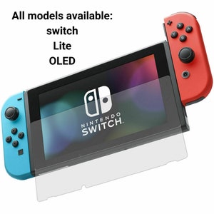 May include: A blue and red Nintendo Switch console with a clear screen protector. The console is displaying the Nintendo Switch logo. The text "All models available: switch Lite OLED" is visible above the console.