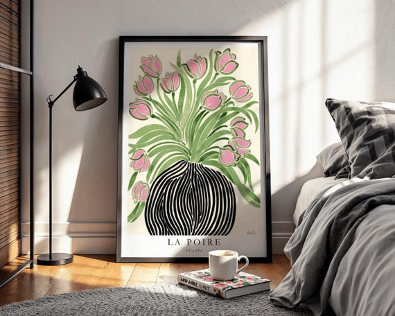Pink Tulip Wall Art Print | Contemporary Floral Decor | Artwork by La Poire