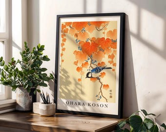 小原古邨による日本のアートプリント「鳥と赤い蔦」、木版画、ジクレー