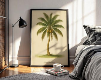 Vintage Palm Tree Wall Art Print | Coconut Tree Poster (Cocos Nucifera) | Tropical Botanical Illustration
