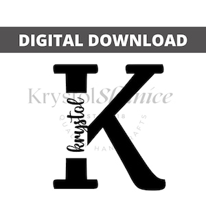 May include: Black and white graphic design of the letter K with the word "krystol" written vertically inside the letter.