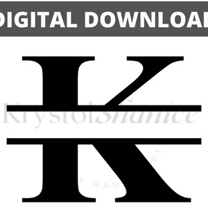 May include: Black and white split monogram letter K with a horizontal line through the middle. The letter is in a bold, serif font.