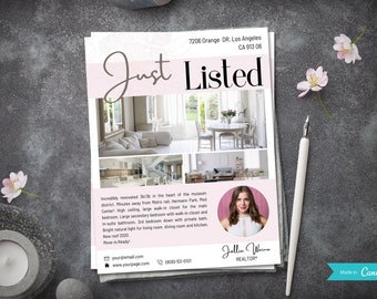 Net vermelde flyer | Vastgoedvlieger | Nieuwe vastgoedflyer | Makelaarsflyer | Makelaarsmarketing | Sjabloon zojuist vermeld | Canva-sjabloon
