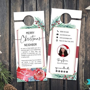 Etiqueta de suspensión de puerta de bienes raíces / Marketing de vecindario moderno / Folleto de vecindario / Carta de presentación del agente / Vecino de Feliz Navidad