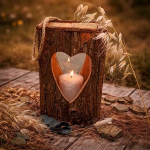 Könnte beinhalten: Ein rustikaler Kerzenhalter aus Holz mit herzförmigem Ausschnitt. Eine brennende, weiße Kerze befindet sich im Inneren und verströmt ein warmes Licht. Der Halter besteht aus einem Baumstamm und hat einen Seilgriff. Getrocknete Pflanzen und Holzspäne umgeben den Halter.