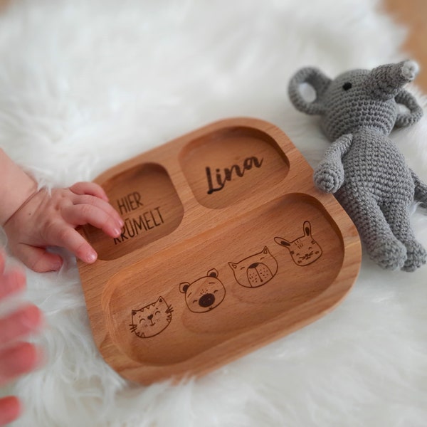 Personalisierter Babyteller aus Buche | Geschenk zur Geburt oder Taufe mit Namen | Kindergeschirr | Babygeschenk