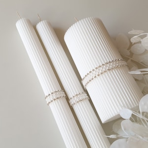 Conjunto de velas de união para casamento, vela de pilar estética branca, conjunto de velas de comunhão de batismo, decoração de chá de panela, castiçal vegano decorativo