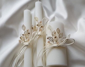 Wedding unity candle set, pillar candle, golden candles,decorative candles with a harness, ivory pillar candle, Unity candle set