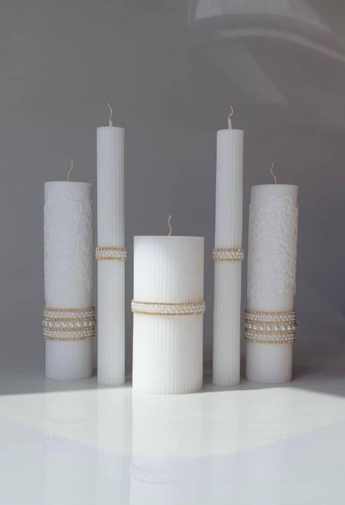 White Wedding Candle Stick With Rhinestones Ribbed Pillar Etsy