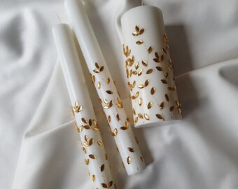 Gold unity candles set, wedding candles, white pillar candles with gold stones, pillar candles for wedding, ceremonial candles