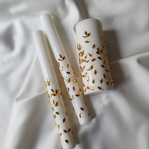 Gold unity candles set, wedding candles, white pillar candles with gold stones, pillar candles for wedding, ceremonial candles