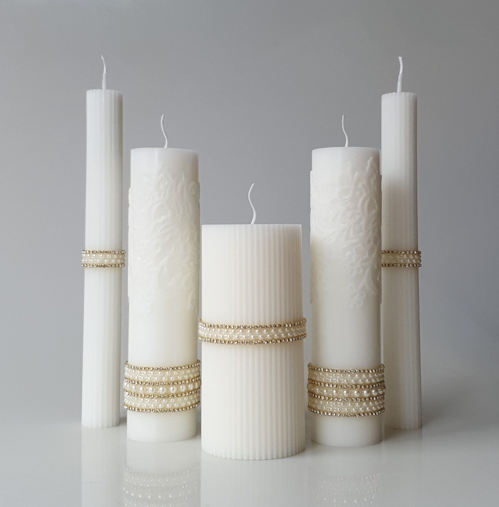 White Wedding Candle Stick With Rhinestones Ribbed Pillar Etsy